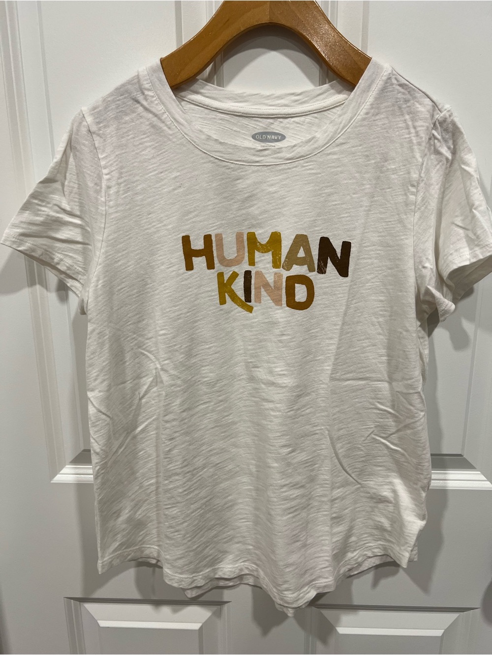 Old Navy White 'Human Kind' Graphic Tee with Brown & Mustard Letters